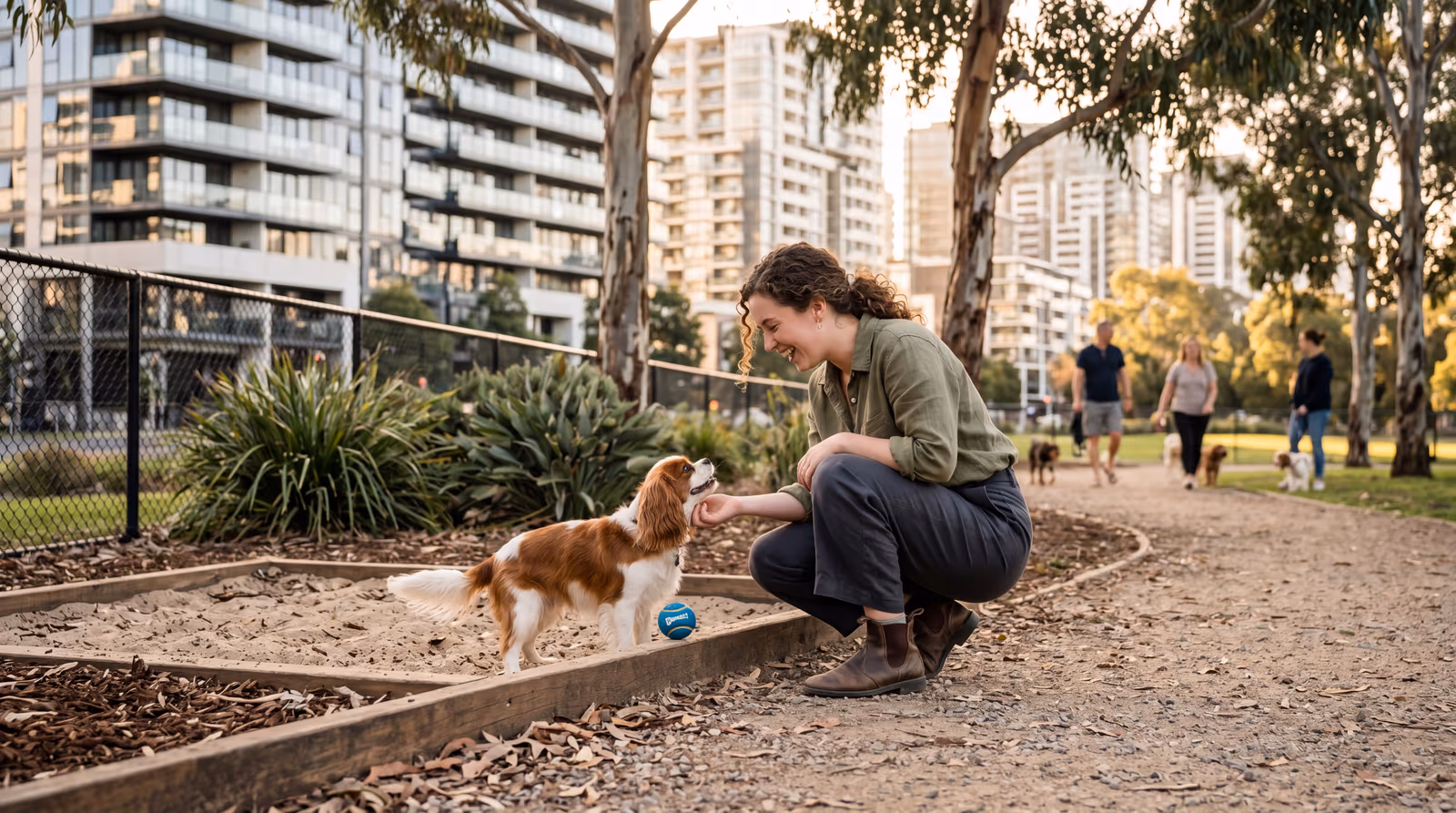 Owner playing with her spaniel at an inner-city fenced dog park surrounded by apartment towers
