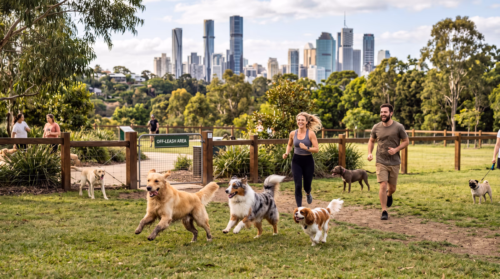 Dogs playing off leash at a fenced Chicago dog friendly area