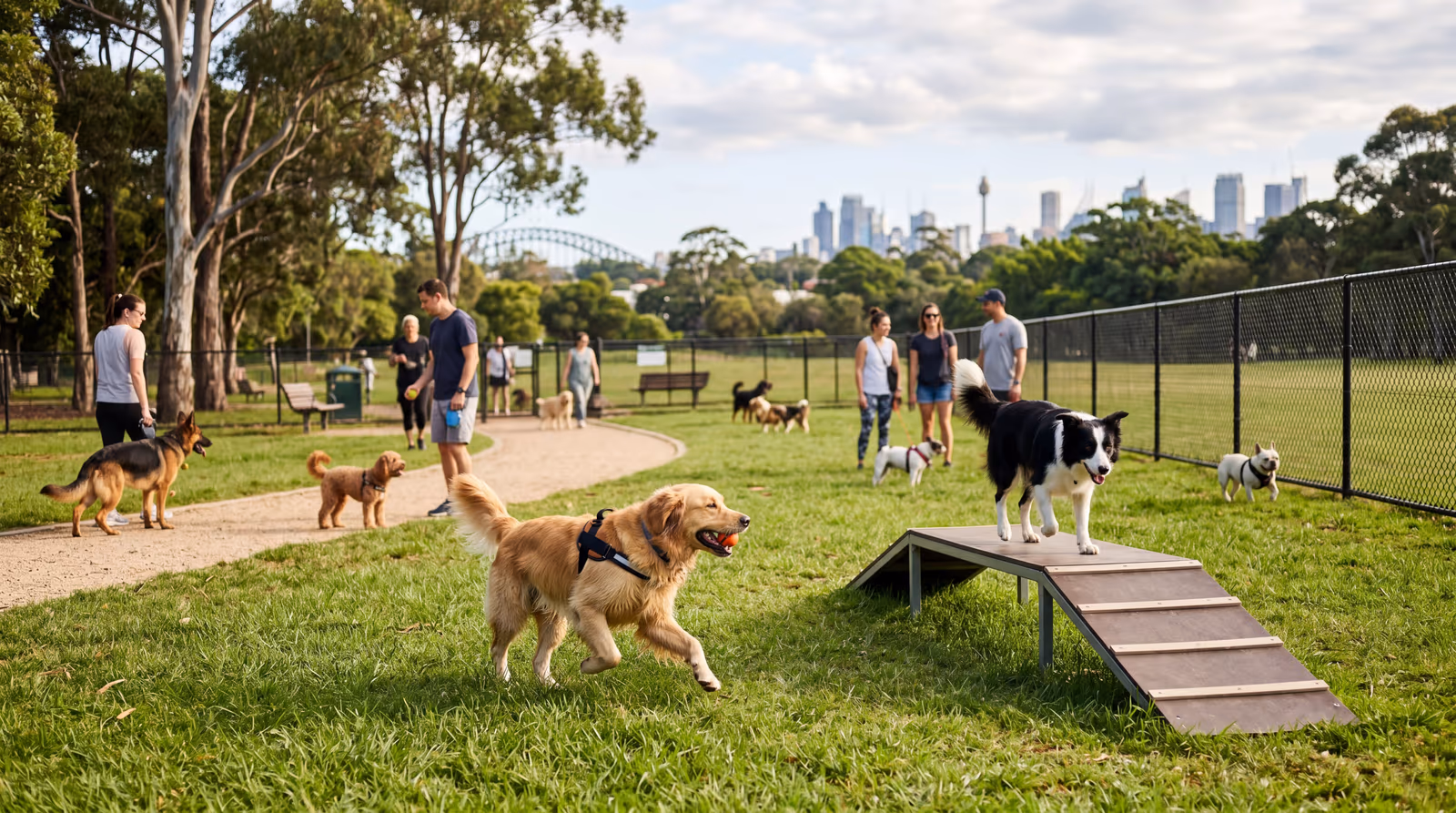 Dogs playing at a fenced dog run in New York City