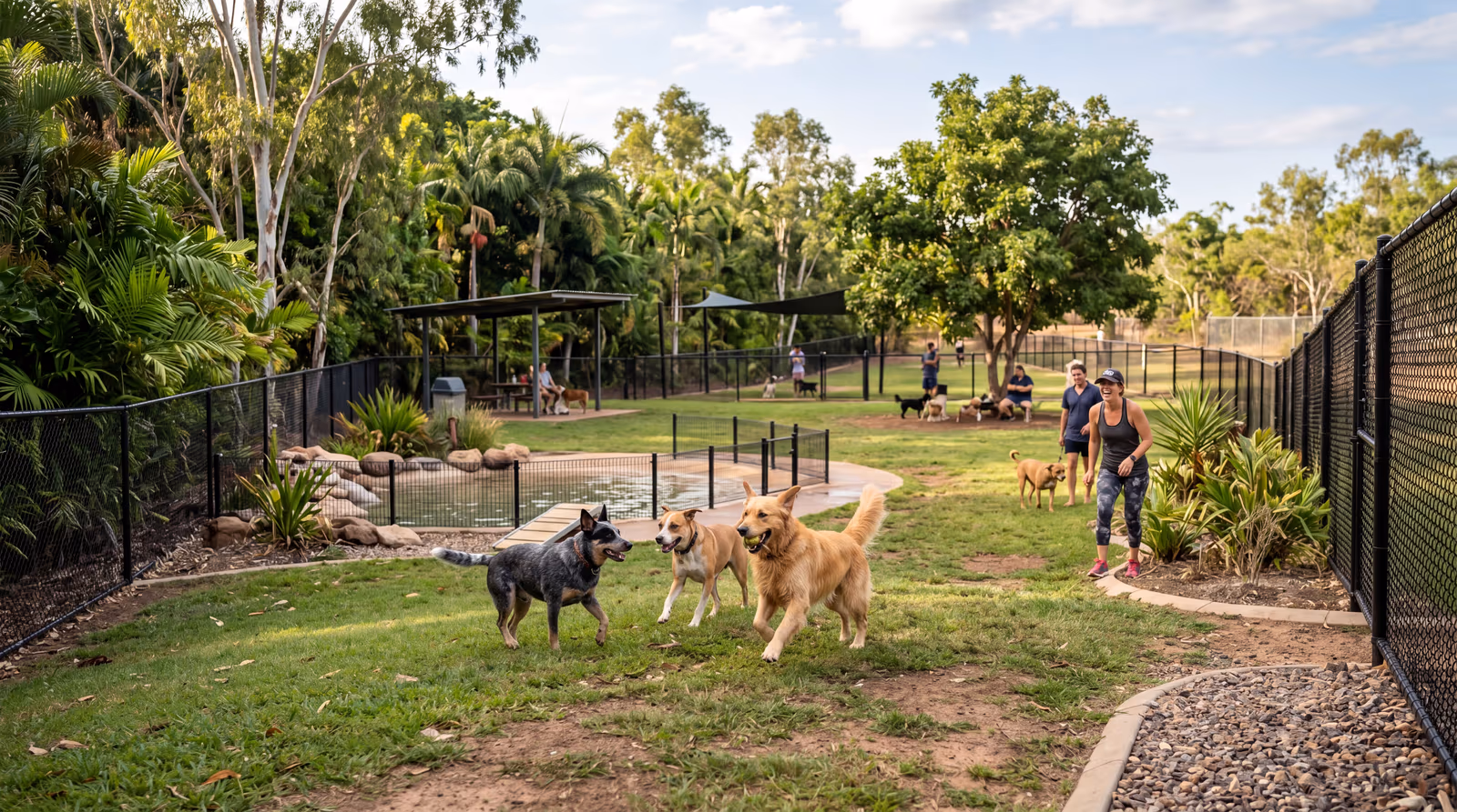 Dogs playing at a large fenced dog park in San Antonio