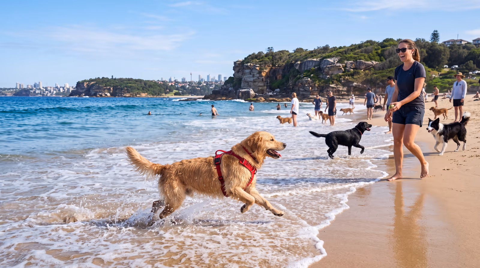 Dog playing in calm Gulf water at a Florida dog beach