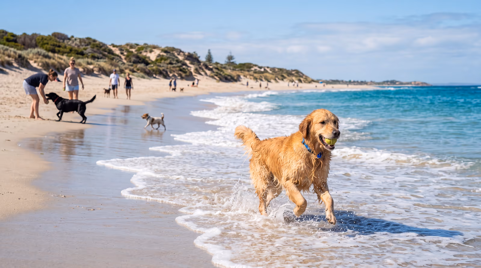 Dogs running in the surf at an off-leash San Diego dog beach