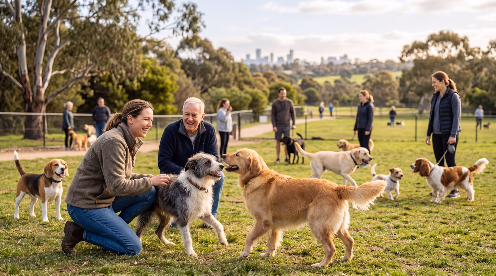 Owners chatting and patting their dogs together on the grass at an off-leash park