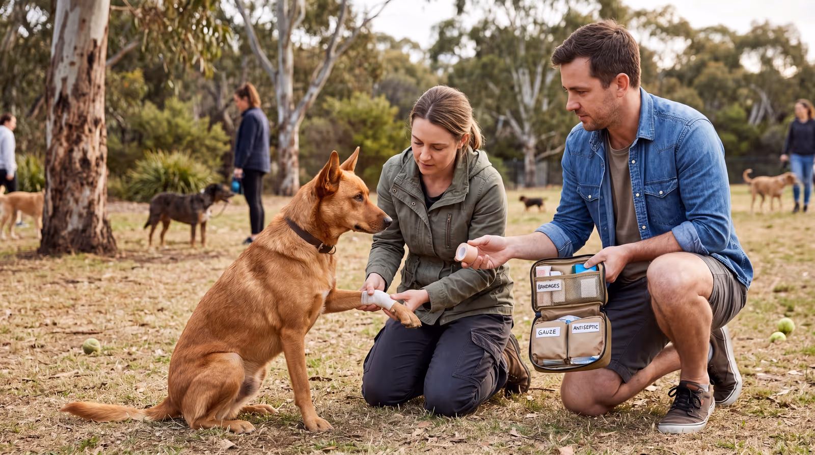 Owners bandaging a dog's paw with a first-aid kit at a dog park
