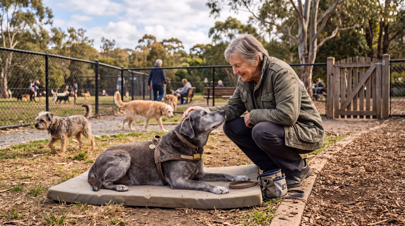 Senior labrador resting on a padded mat beside its owner at a quiet fenced dog park