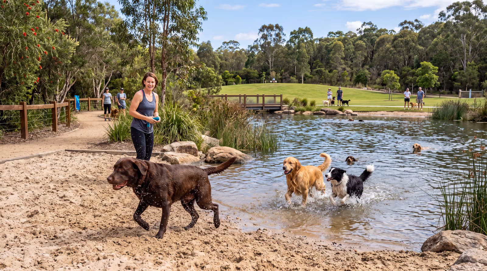 Dogs splashing in the shallow pond at a water-play dog park