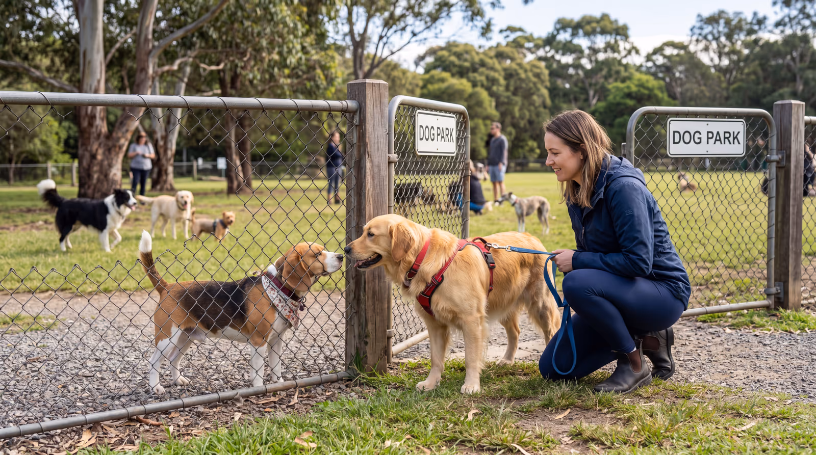 Dogs greeting through the fence at a dog park gate before going in