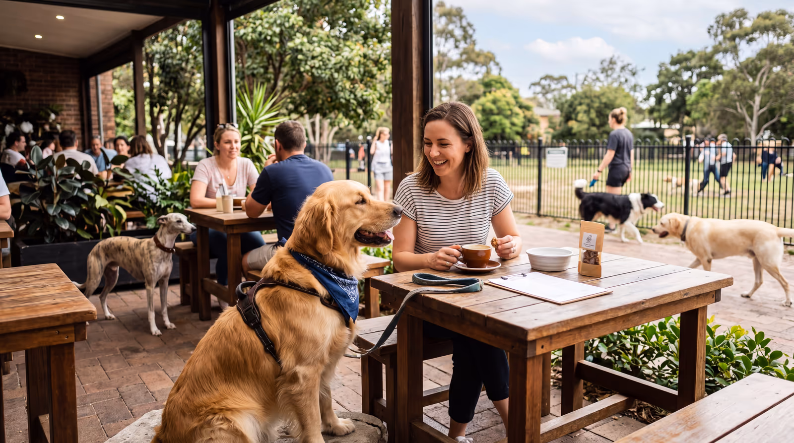 Golden retriever sitting beside its owner at a dog-friendly cafe near the park
