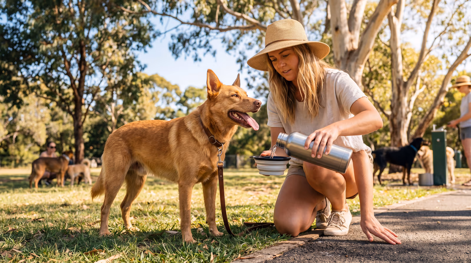 Owner pouring water for her kelpie at a shady dog park on a hot day